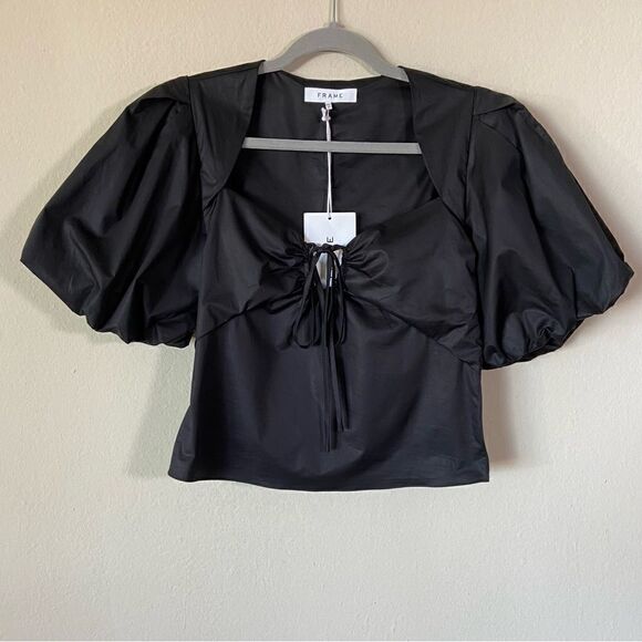NWT Frame Cotton Black Crop Top Puff Sleeve Blouse Size XS - Picture 6 of 9